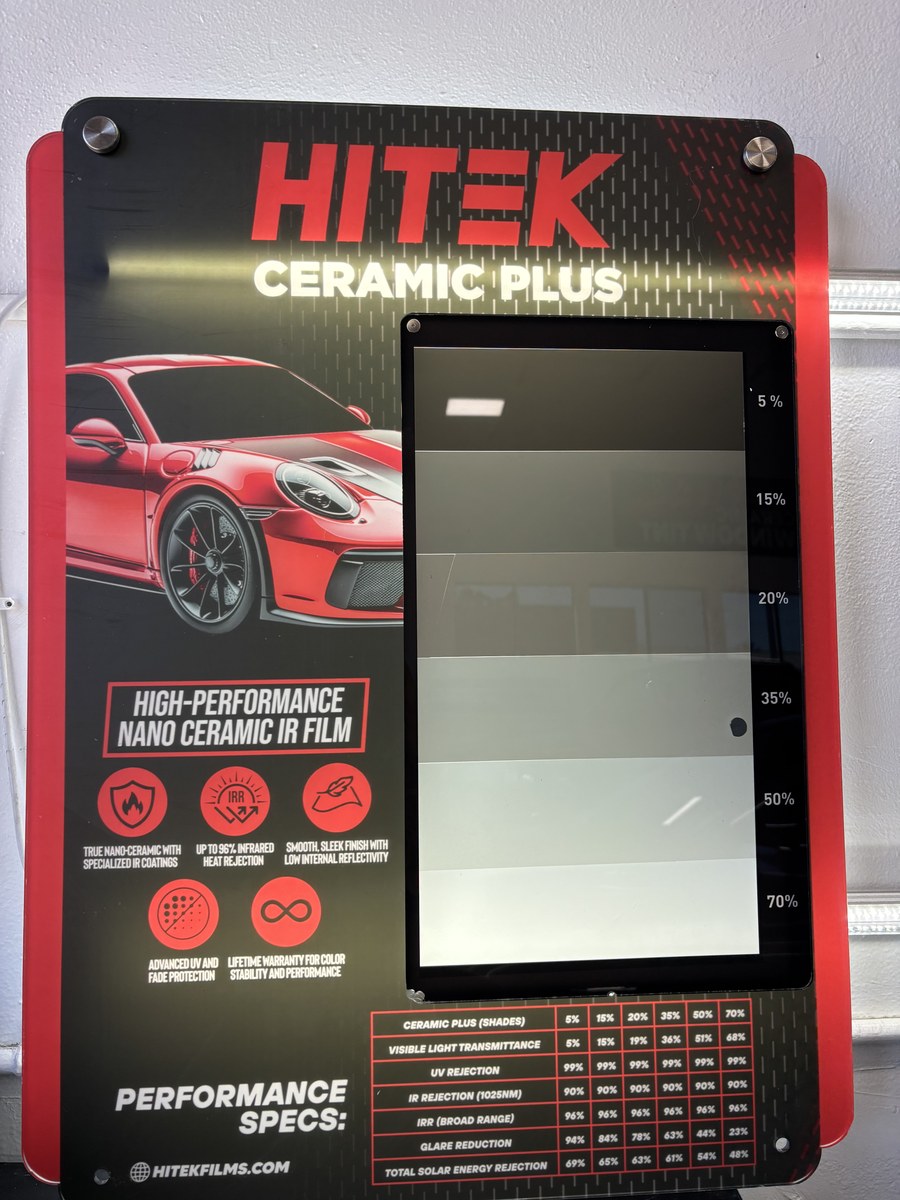 The HITEK Ceramic Plus sample board on the wall at the shop, showing every shade from 5% to 70% over the same window.
